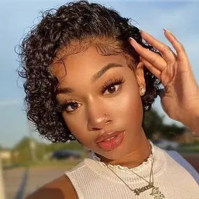 13x1 Lace Front Human Hair Wig Short Pixie Cut Wigs Short Curly Bob Transparent Front Lace Wigs For Women 180%