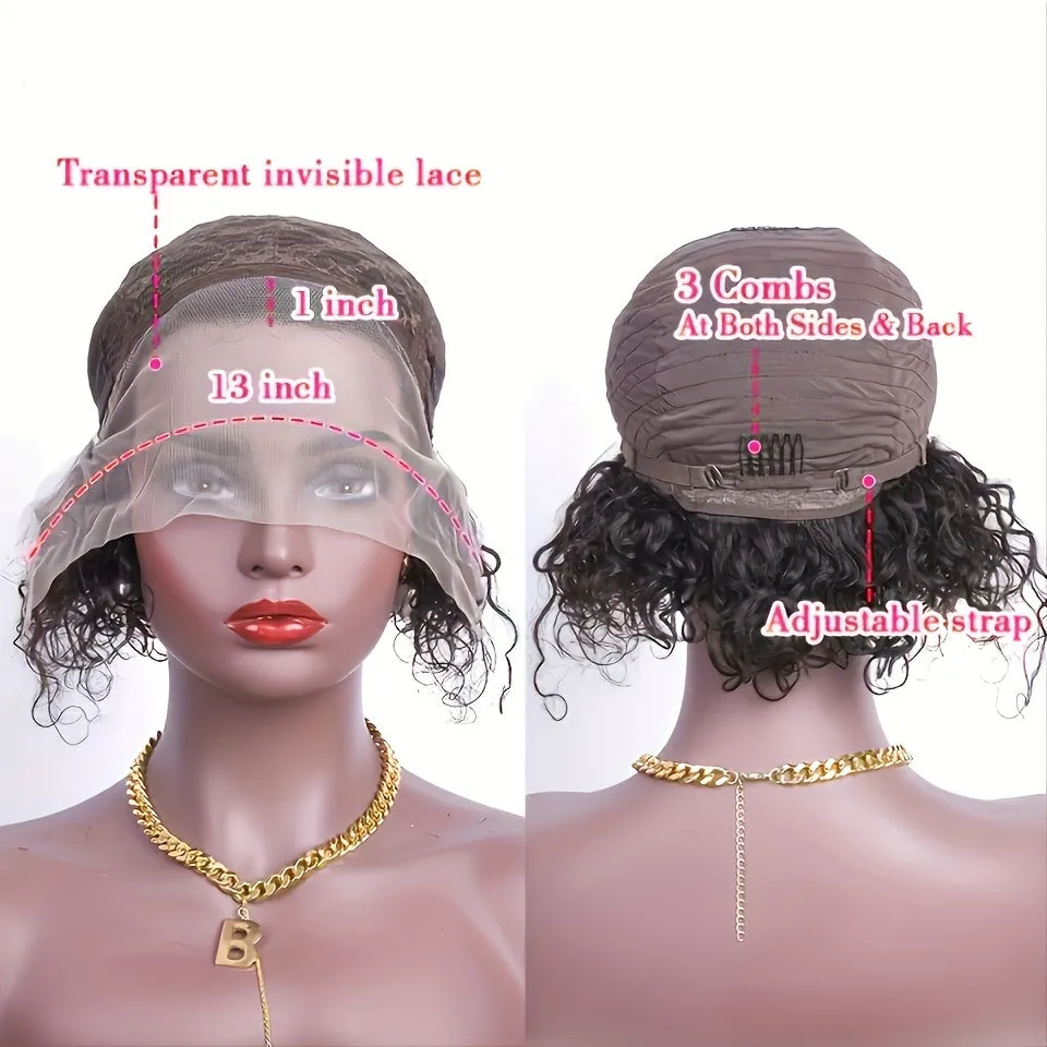 13x1 Lace Front Human Hair Wig Short Pixie Cut Wigs Short Curly Bob Transparent Front Lace Wigs For Women 180%