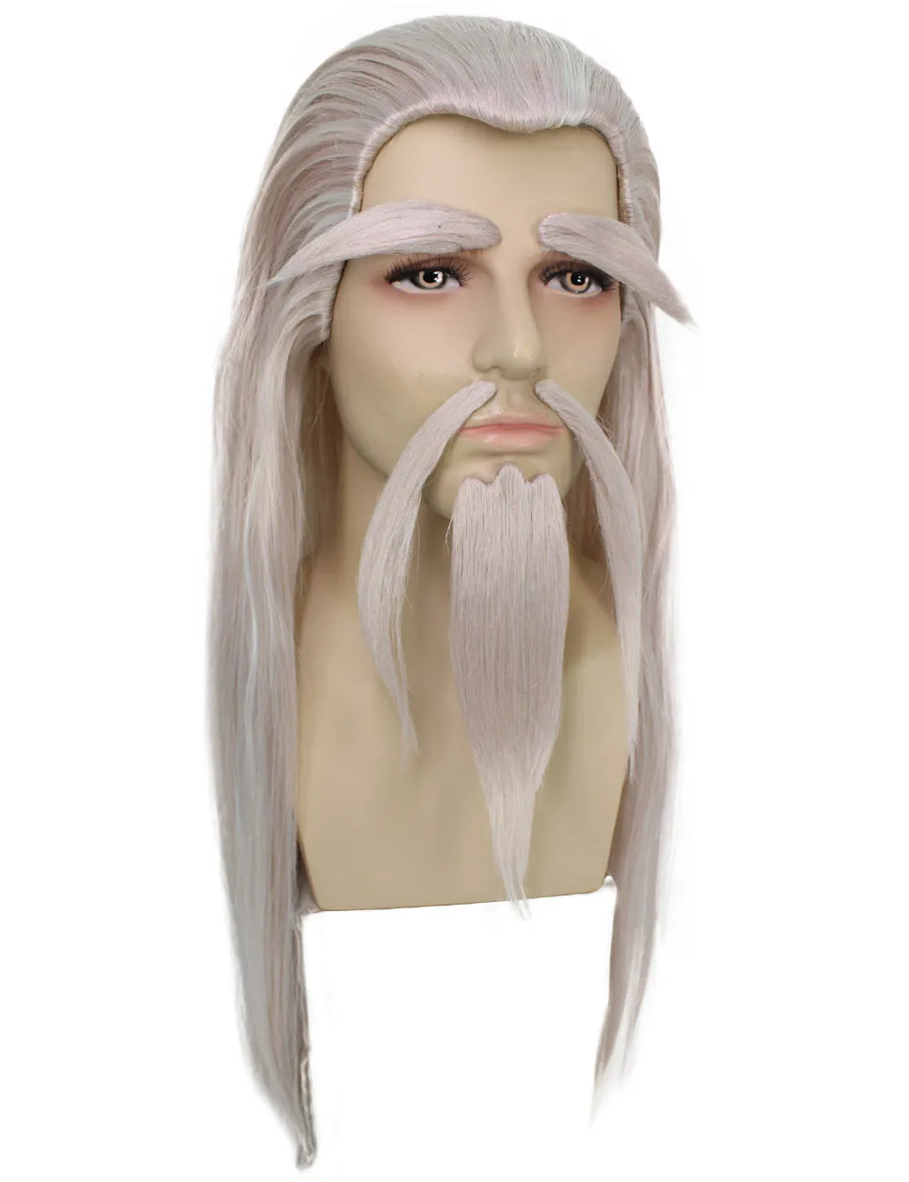Adult Man's 24" Inch Long Length Halloween Cosplay Anime Animated Master of Combat Video Game Character Wig, Synthetic Fiber Hair with Eye Brows, Beard and Mustache,  | HPO