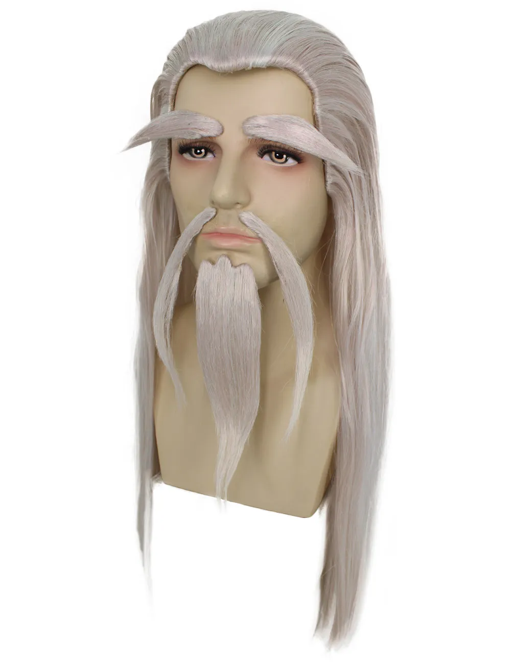 Adult Man's 24" Inch Long Length Halloween Cosplay Anime Animated Master of Combat Video Game Character Wig, Synthetic Fiber Hair with Eye Brows, Beard and Mustache,  | HPO