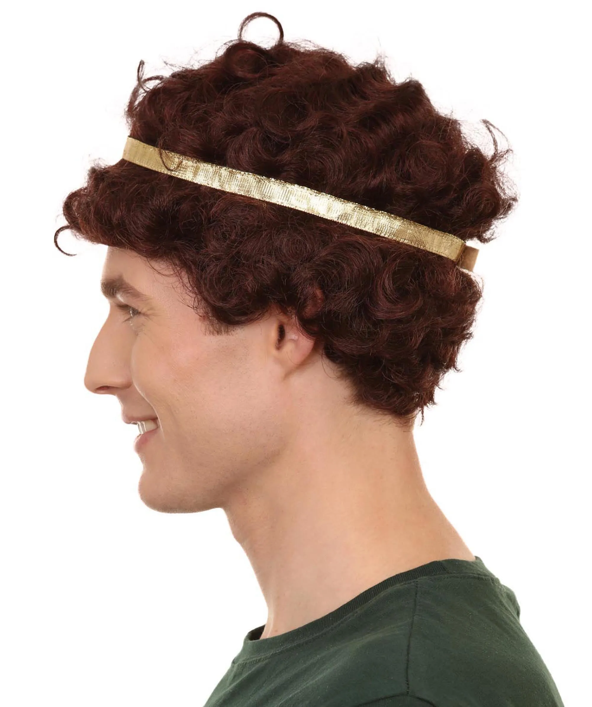 Adult Men's 9" Inch Short Length Curly Brown Halloween Cosplay Anime Heron Costume Wig with Gold Band, Synthetic Soft Fiber Hair, Perfect for your next Festival and Group Anime Party! | HPO