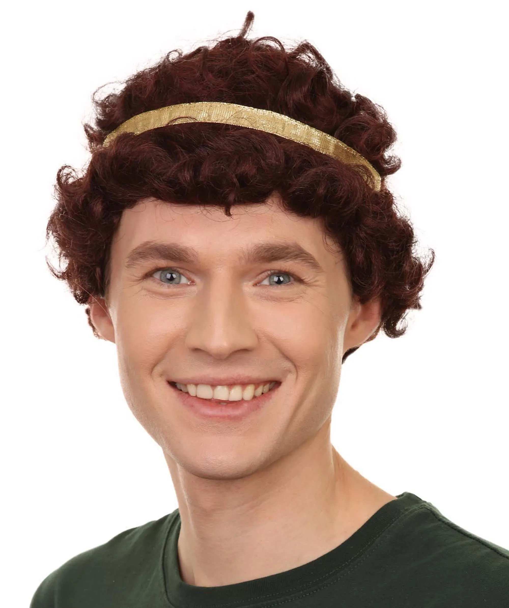 Adult Men's 9" Inch Short Length Curly Brown Halloween Cosplay Anime Heron Costume Wig with Gold Band, Synthetic Soft Fiber Hair, Perfect for your next Festival and Group Anime Party! | HPO