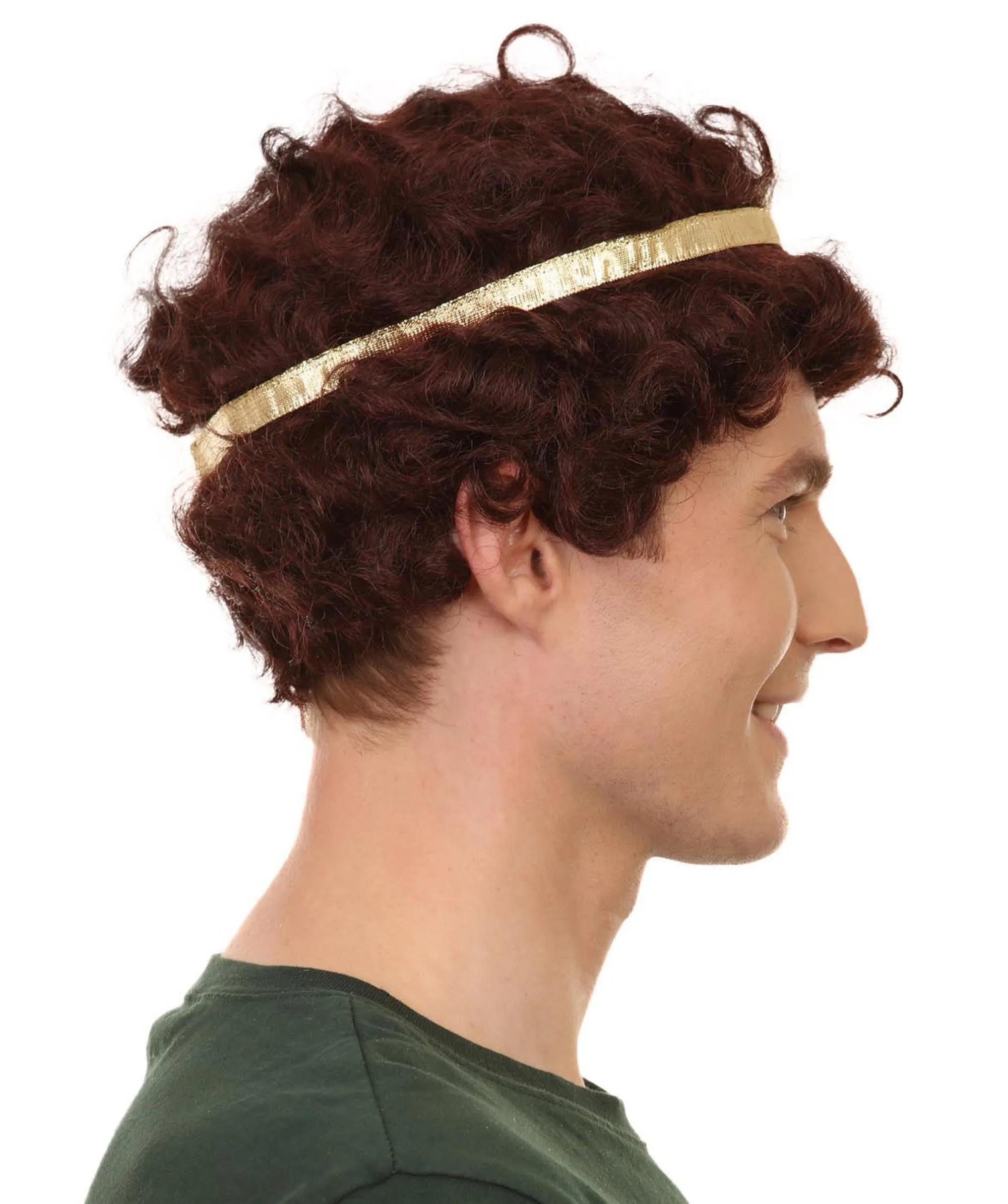 Adult Men's 9" Inch Short Length Curly Brown Halloween Cosplay Anime Heron Costume Wig with Gold Band, Synthetic Soft Fiber Hair, Perfect for your next Festival and Group Anime Party! | HPO