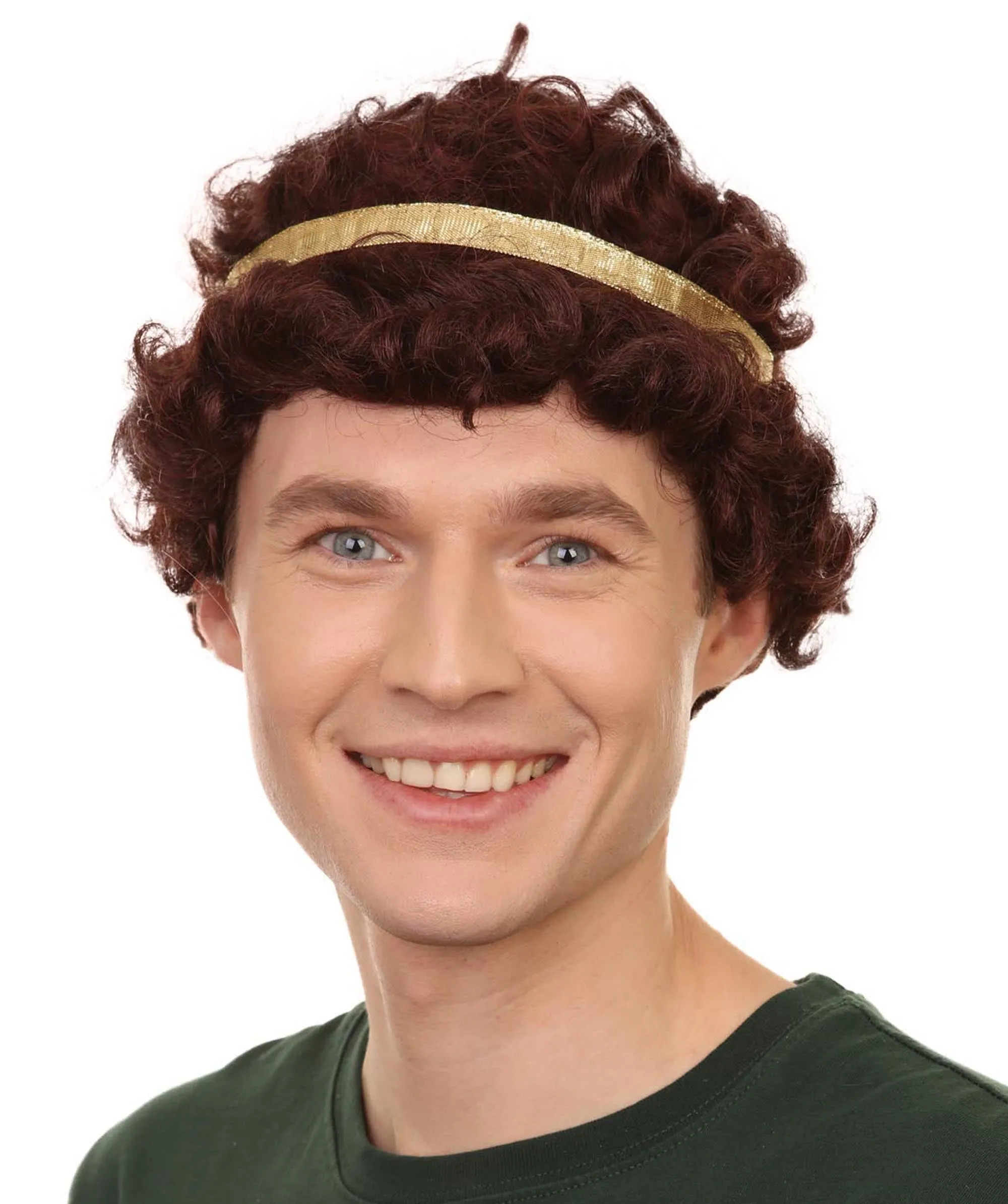 Adult Men's 9" Inch Short Length Curly Brown Halloween Cosplay Anime Heron Costume Wig with Gold Band, Synthetic Soft Fiber Hair, Perfect for your next Festival and Group Anime Party! | HPO