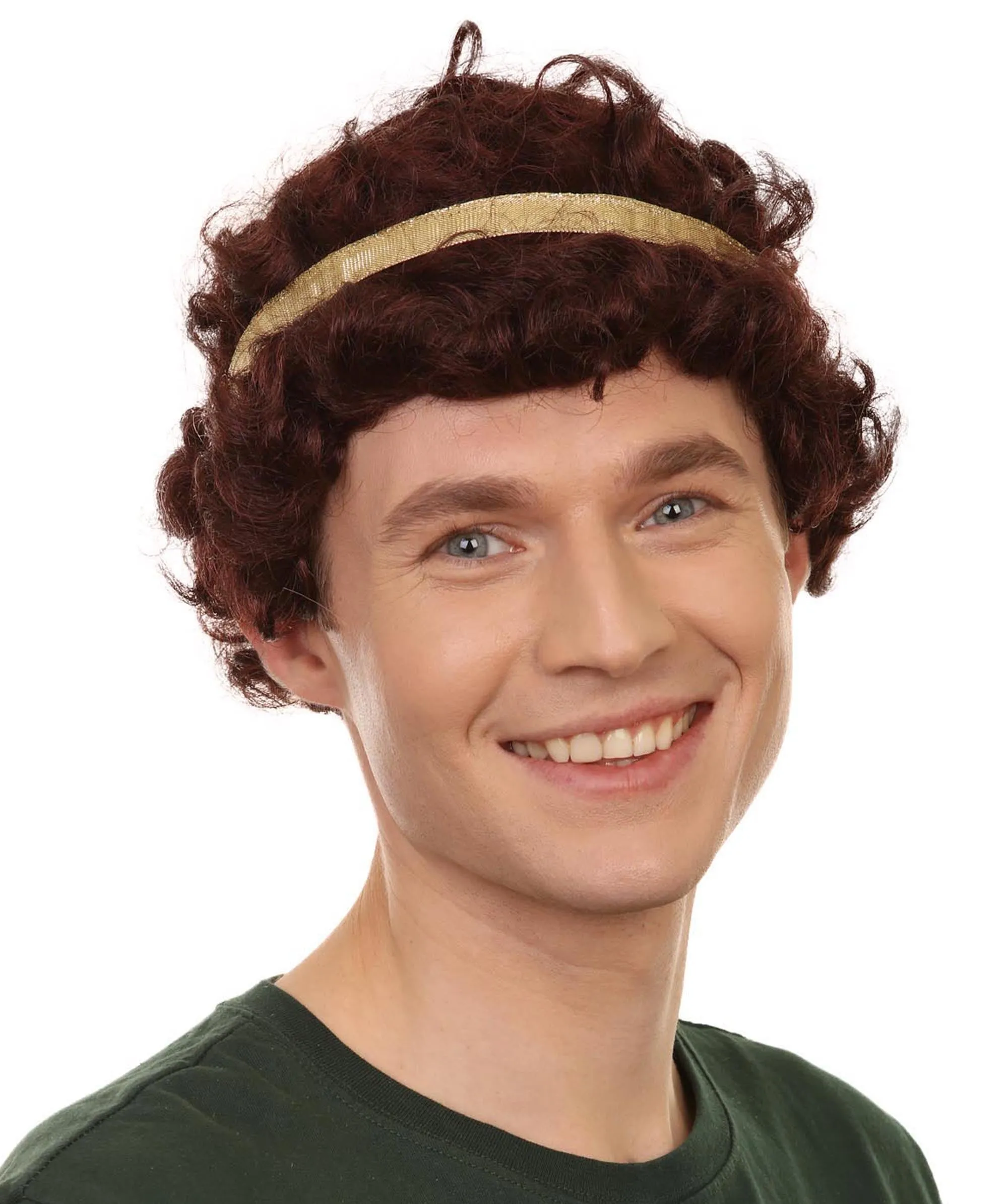 Adult Men's 9" Inch Short Length Curly Brown Halloween Cosplay Anime Heron Costume Wig with Gold Band, Synthetic Soft Fiber Hair, Perfect for your next Festival and Group Anime Party! | HPO