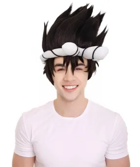 Adult Men’s Black Spiky Wig with White Knotted Headband | Suitable for Halloween | Premium Breathable Capless Cap