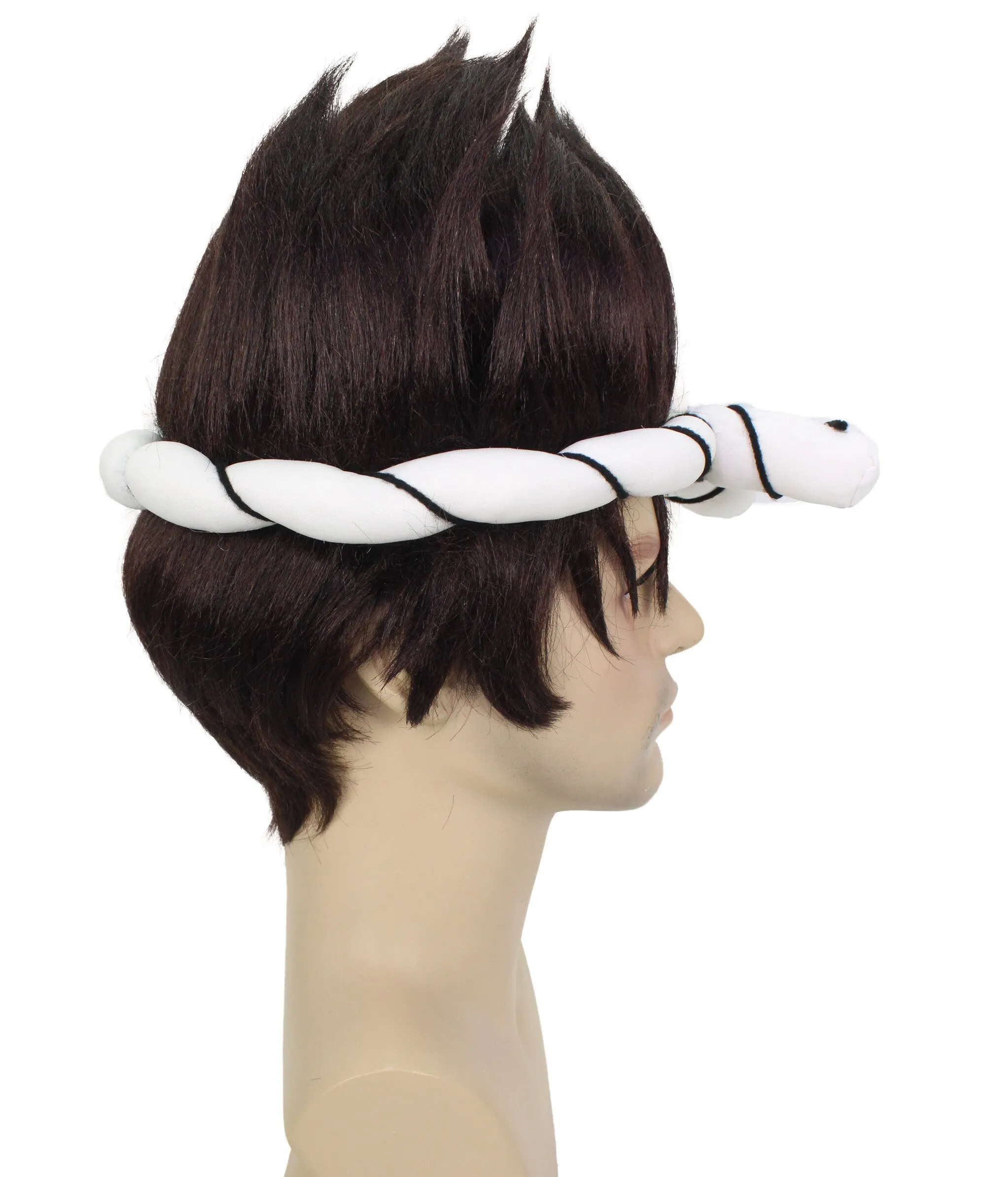Adult Men’s Black Spiky Wig with White Knotted Headband | Suitable for Halloween | Premium Breathable Capless Cap