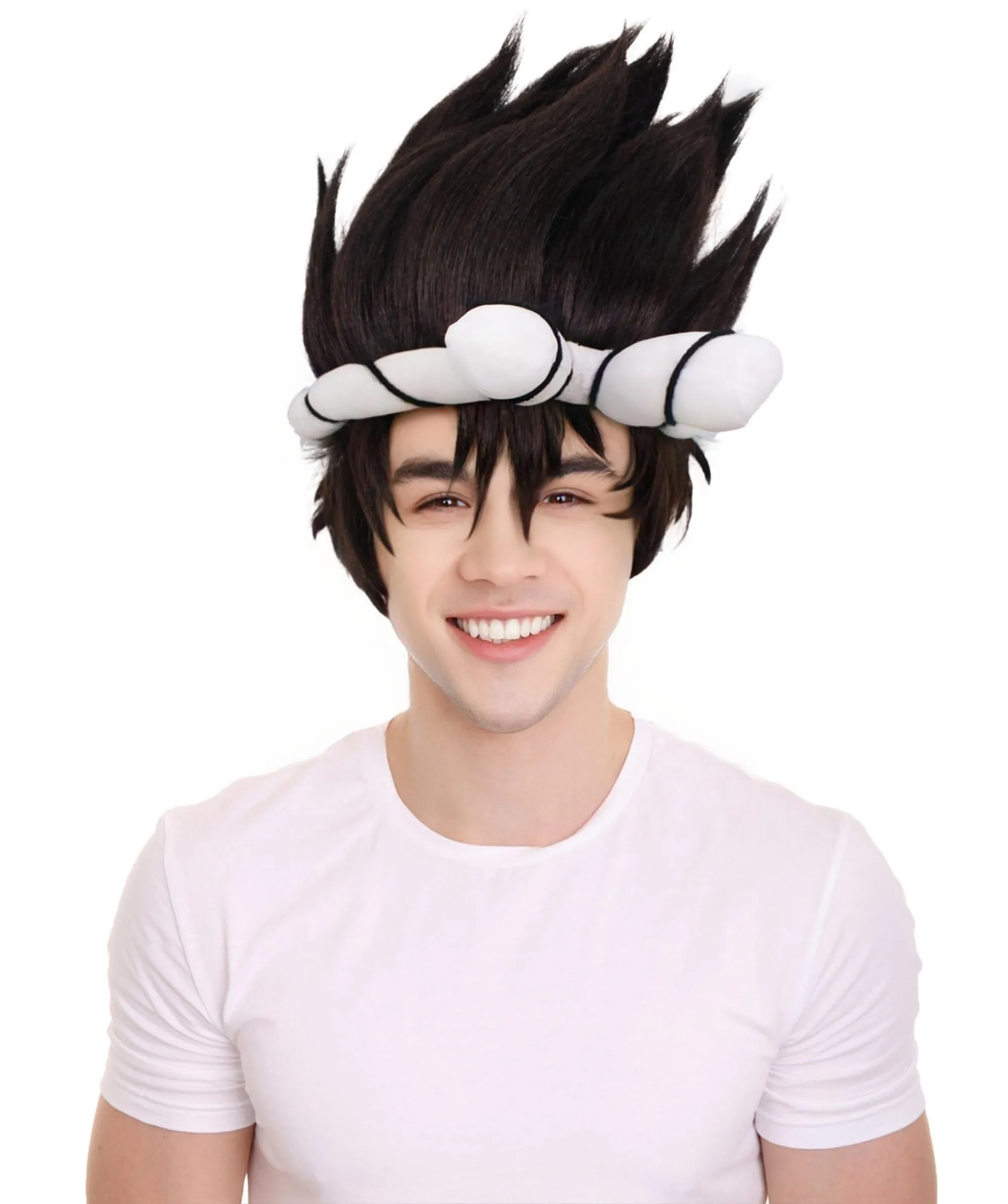 Adult Men’s Black Spiky Wig with White Knotted Headband | Suitable for Halloween | Premium Breathable Capless Cap