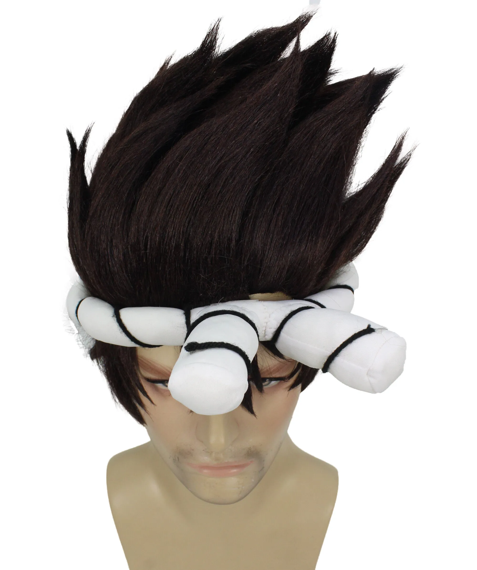Adult Men’s Black Spiky Wig with White Knotted Headband | Suitable for Halloween | Premium Breathable Capless Cap