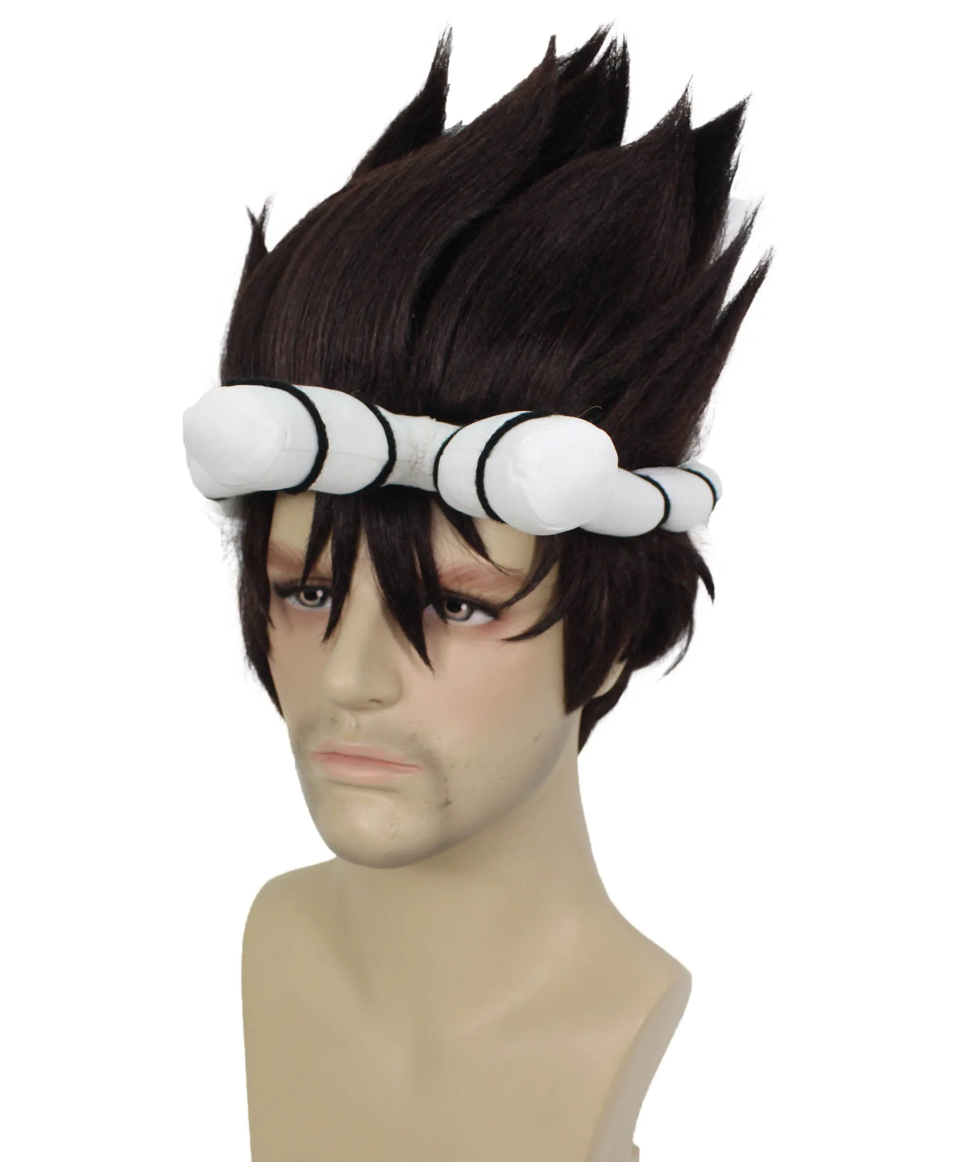 Adult Men’s Black Spiky Wig with White Knotted Headband | Suitable for Halloween | Premium Breathable Capless Cap