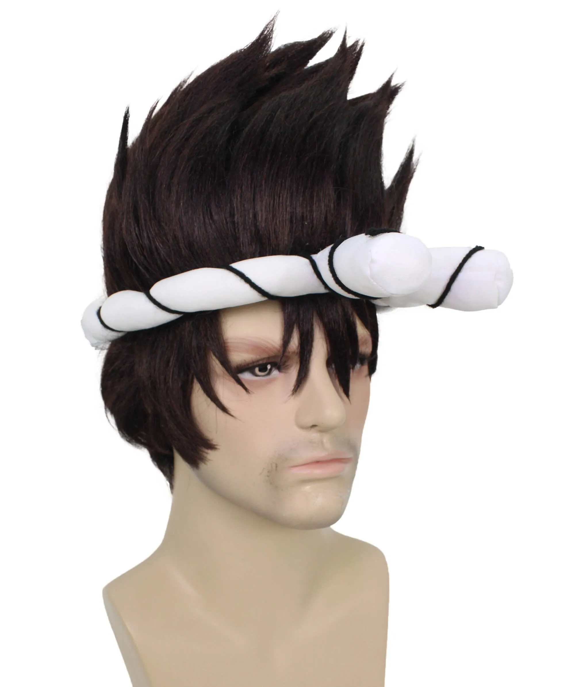 Adult Men’s Black Spiky Wig with White Knotted Headband | Suitable for Halloween | Premium Breathable Capless Cap