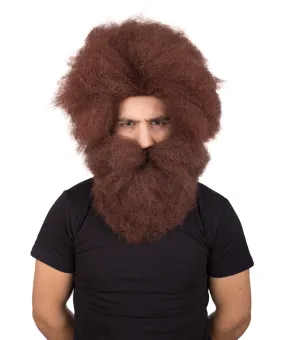 Adult Men's Brown Color Straight Spiked Afro Wildman Wig with Beard