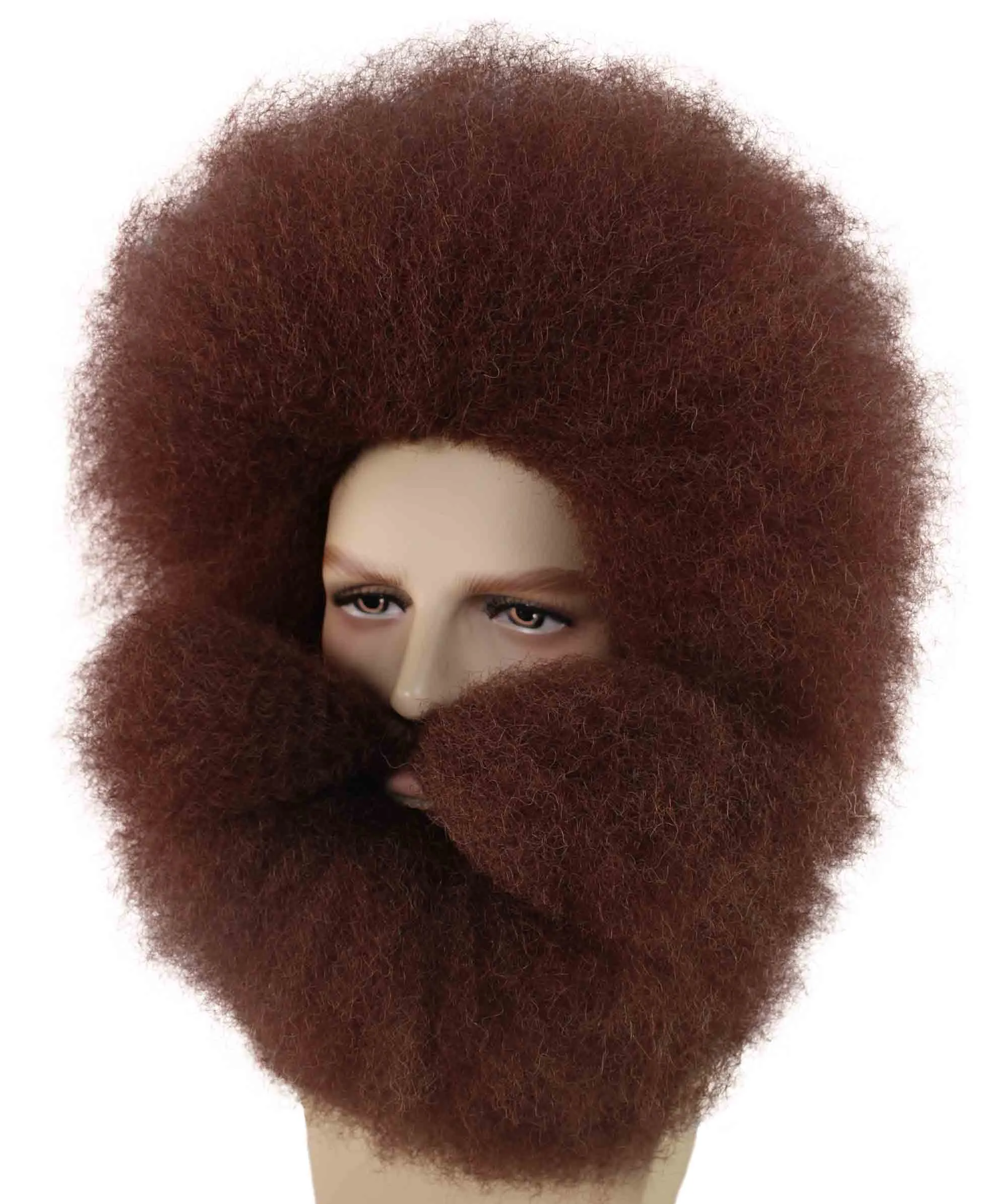 Adult Men's Brown Color Straight Spiked Afro Wildman Wig with Beard