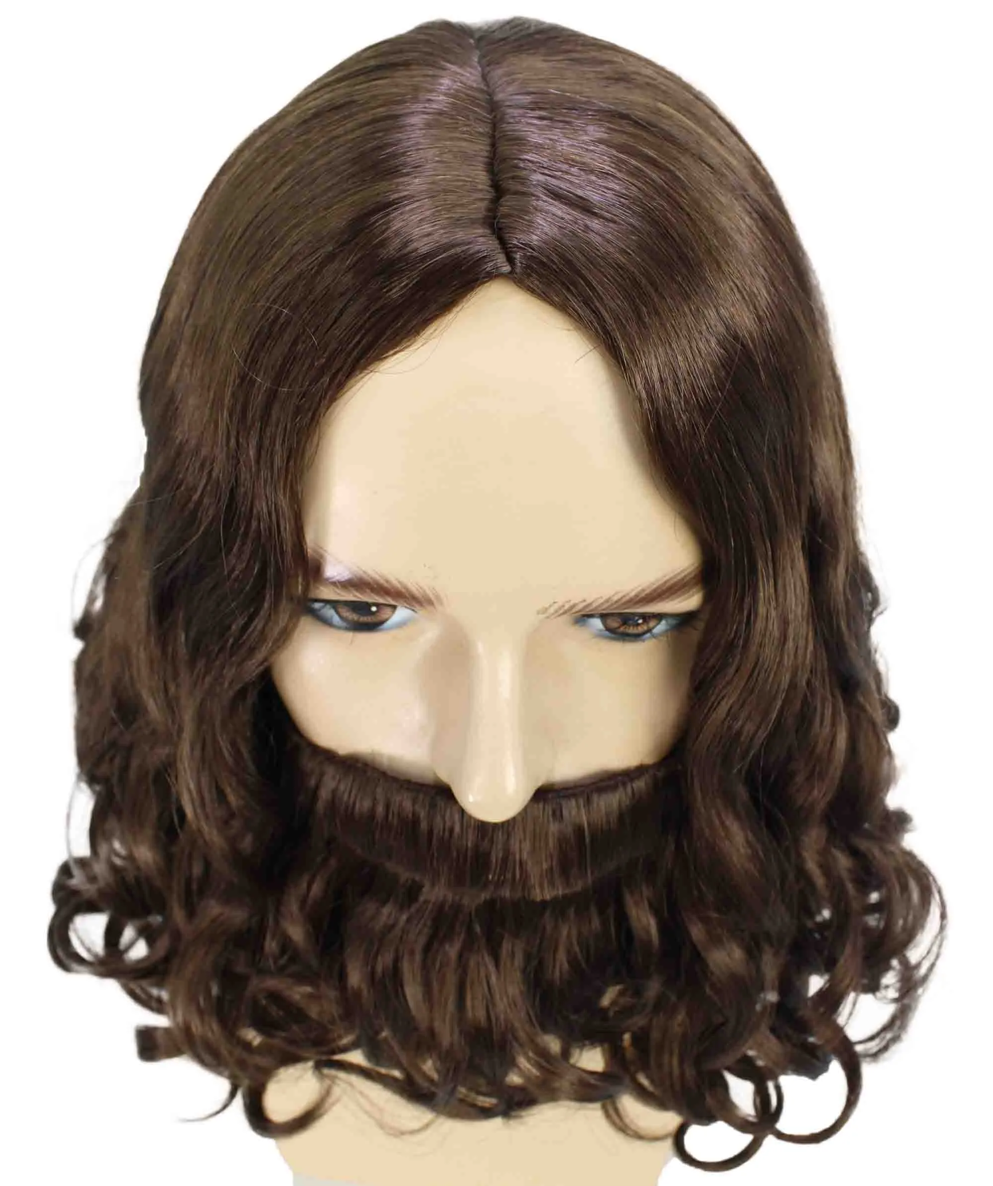 Adult Men's Dark Brown Color Wavy Shoulder Length Lumber Jack Wig with Full Mustache and Beard