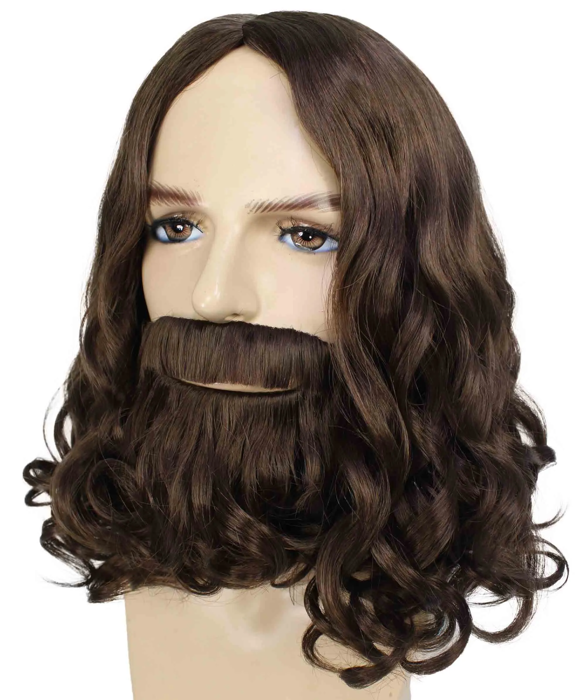 Adult Men's Dark Brown Color Wavy Shoulder Length Lumber Jack Wig with Full Mustache and Beard