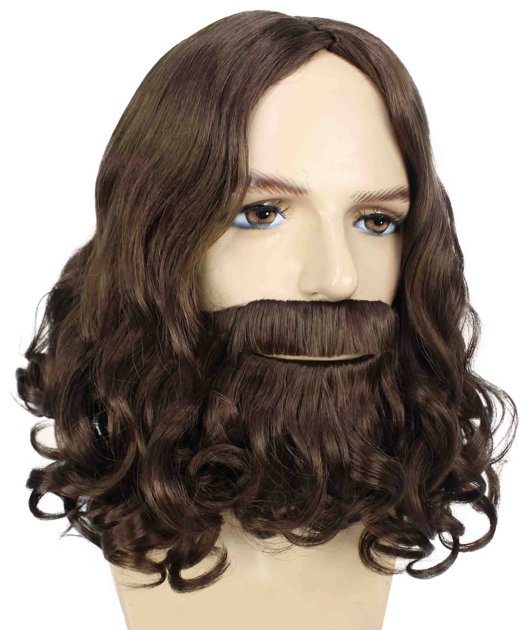 Adult Men's Dark Brown Color Wavy Shoulder Length Lumber Jack Wig with Full Mustache and Beard