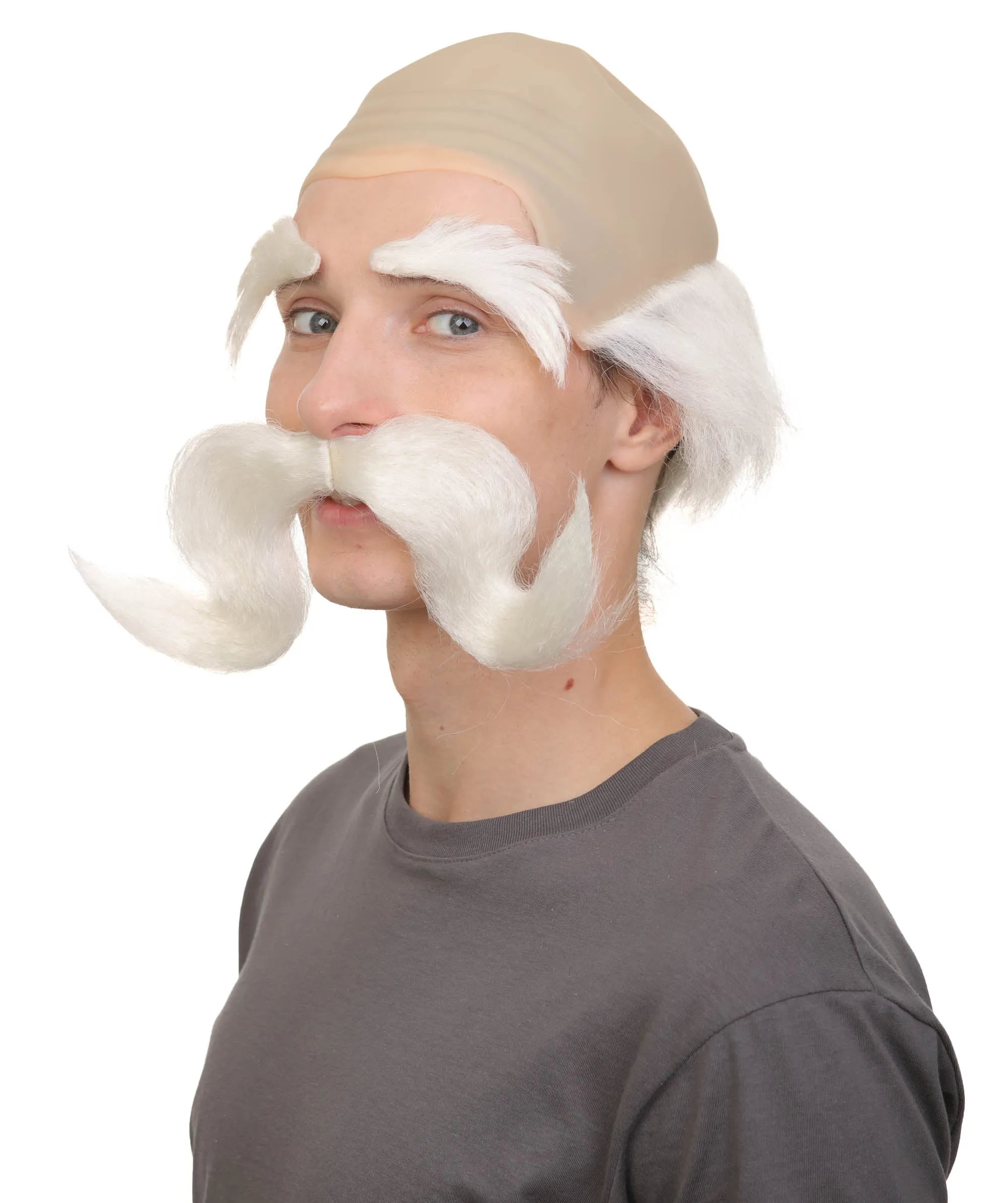 Adult Men’s Fairy Tale King White Half-bald Wig with Mustache and Eyebrows | Perfect for Halloween | Flame-retardant Synthetic Fiber