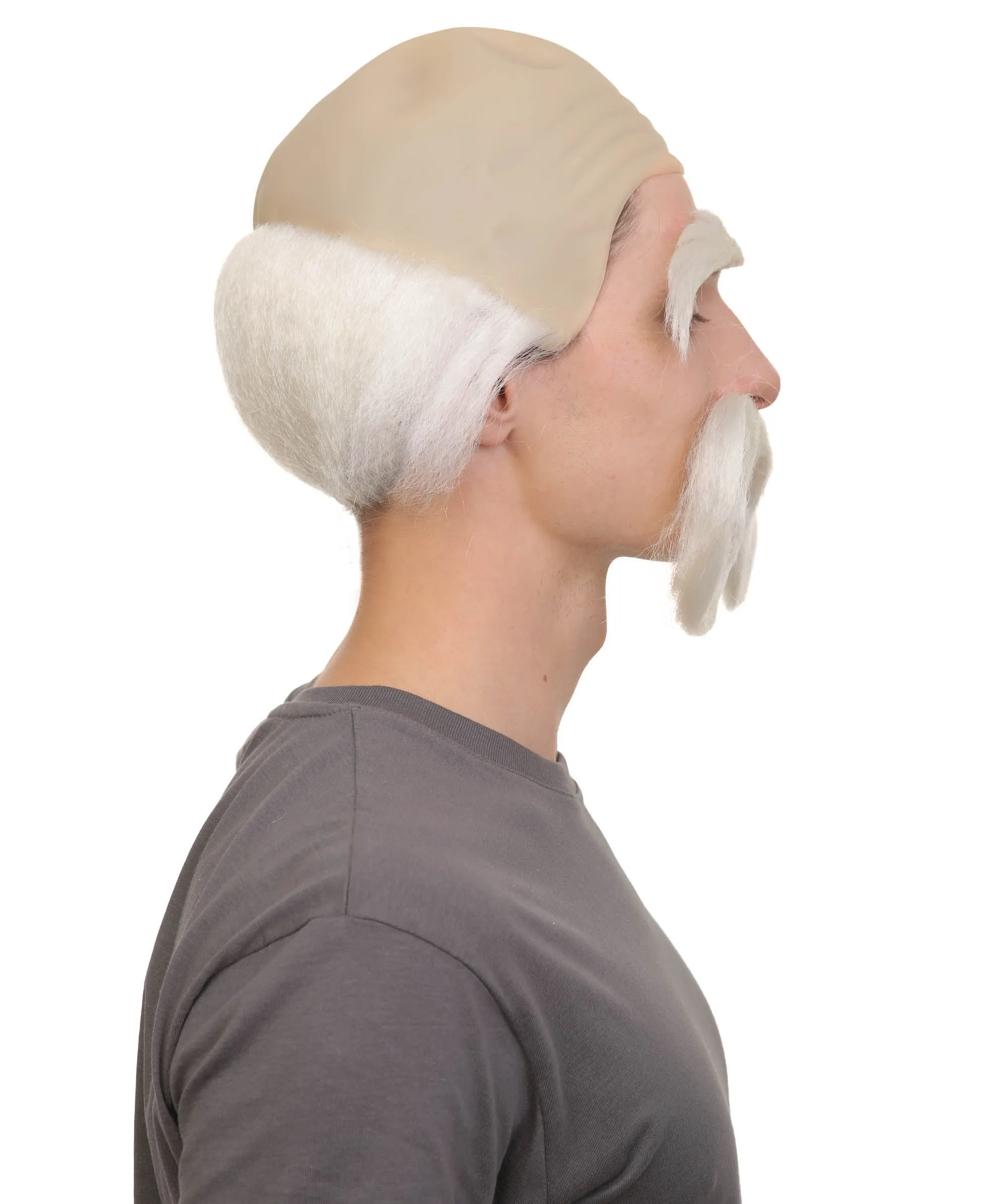 Adult Men’s Fairy Tale King White Half-bald Wig with Mustache and Eyebrows | Perfect for Halloween | Flame-retardant Synthetic Fiber