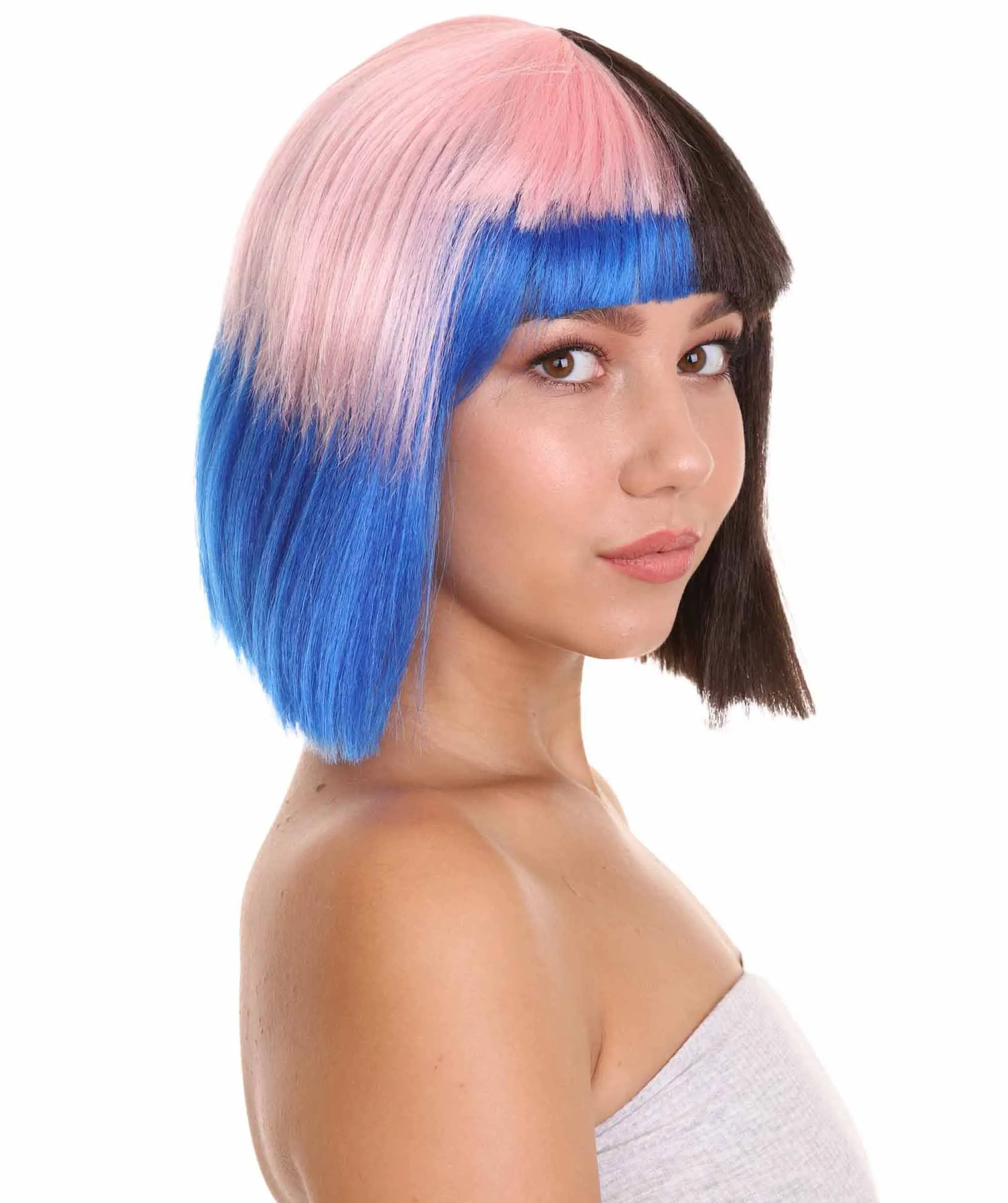 Adult Womens Bob Wig | Black, Pink, & Blue Celebrity Wig | Premium Breathable Capless Cap