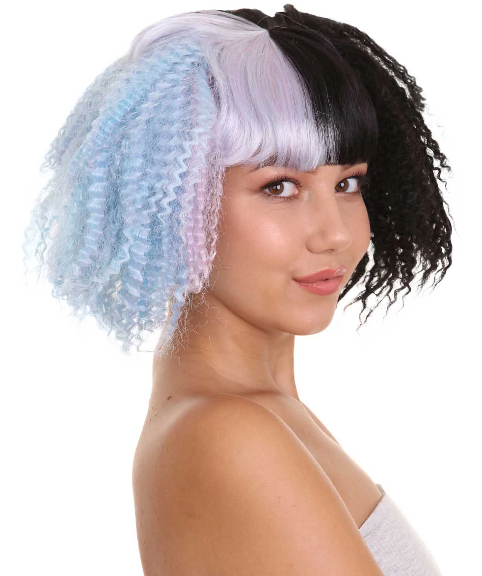Adult Womens Crimped Ponytail Wig | Light Blue & Black Celebrity Wig | Premium Breathable Capless Cap