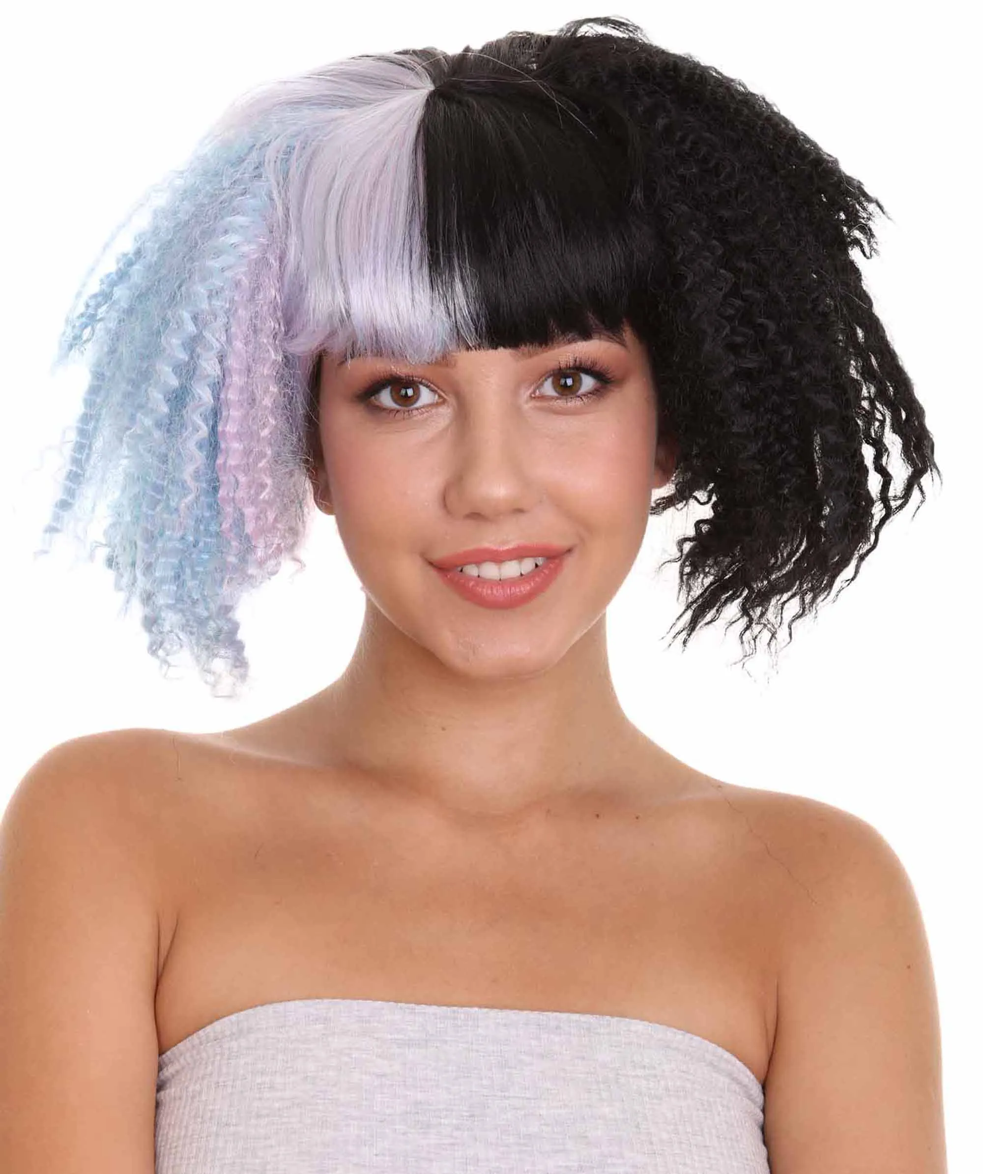 Adult Womens Crimped Ponytail Wig | Light Blue & Black Celebrity Wig | Premium Breathable Capless Cap