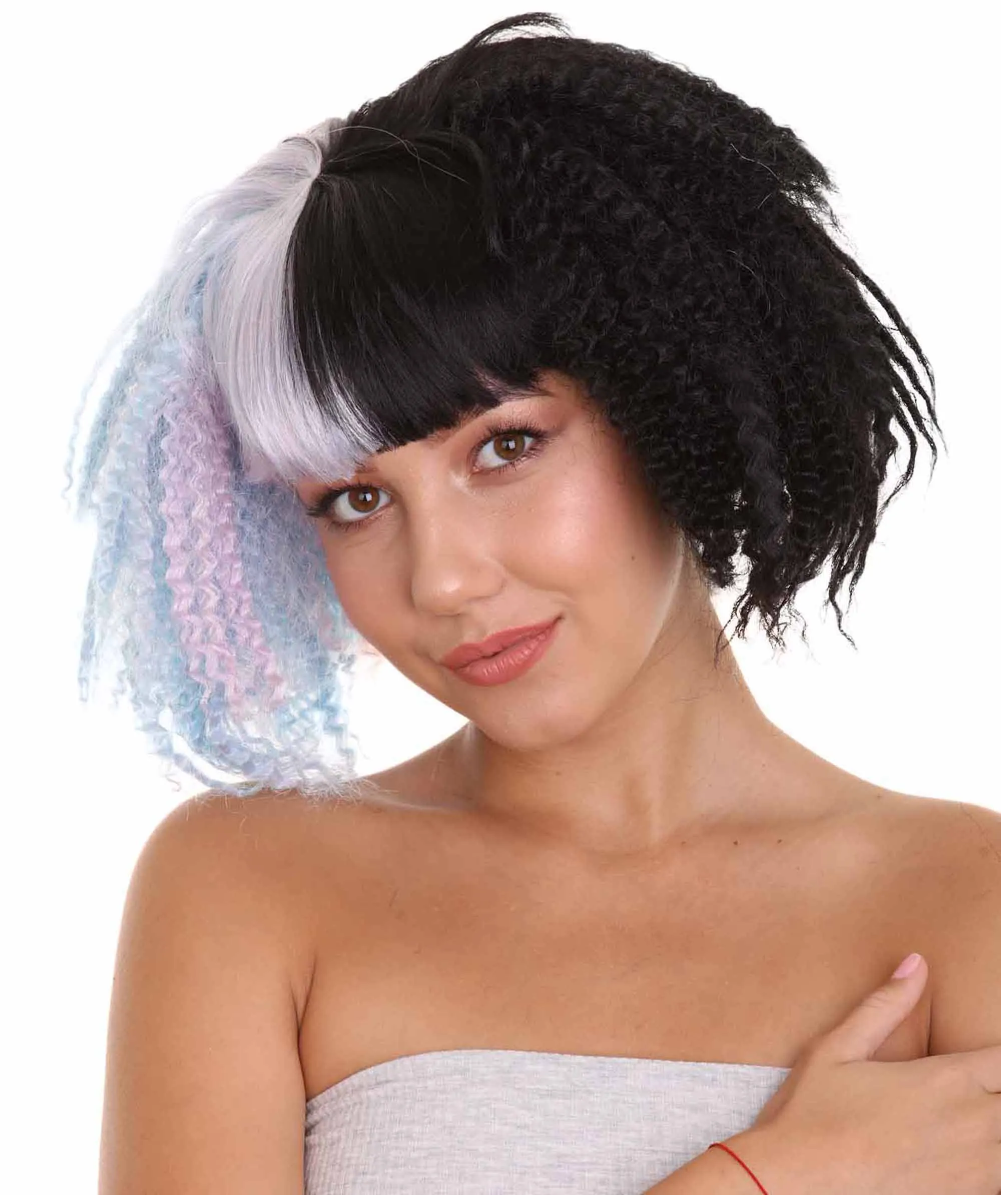 Adult Womens Crimped Ponytail Wig | Light Blue & Black Celebrity Wig | Premium Breathable Capless Cap