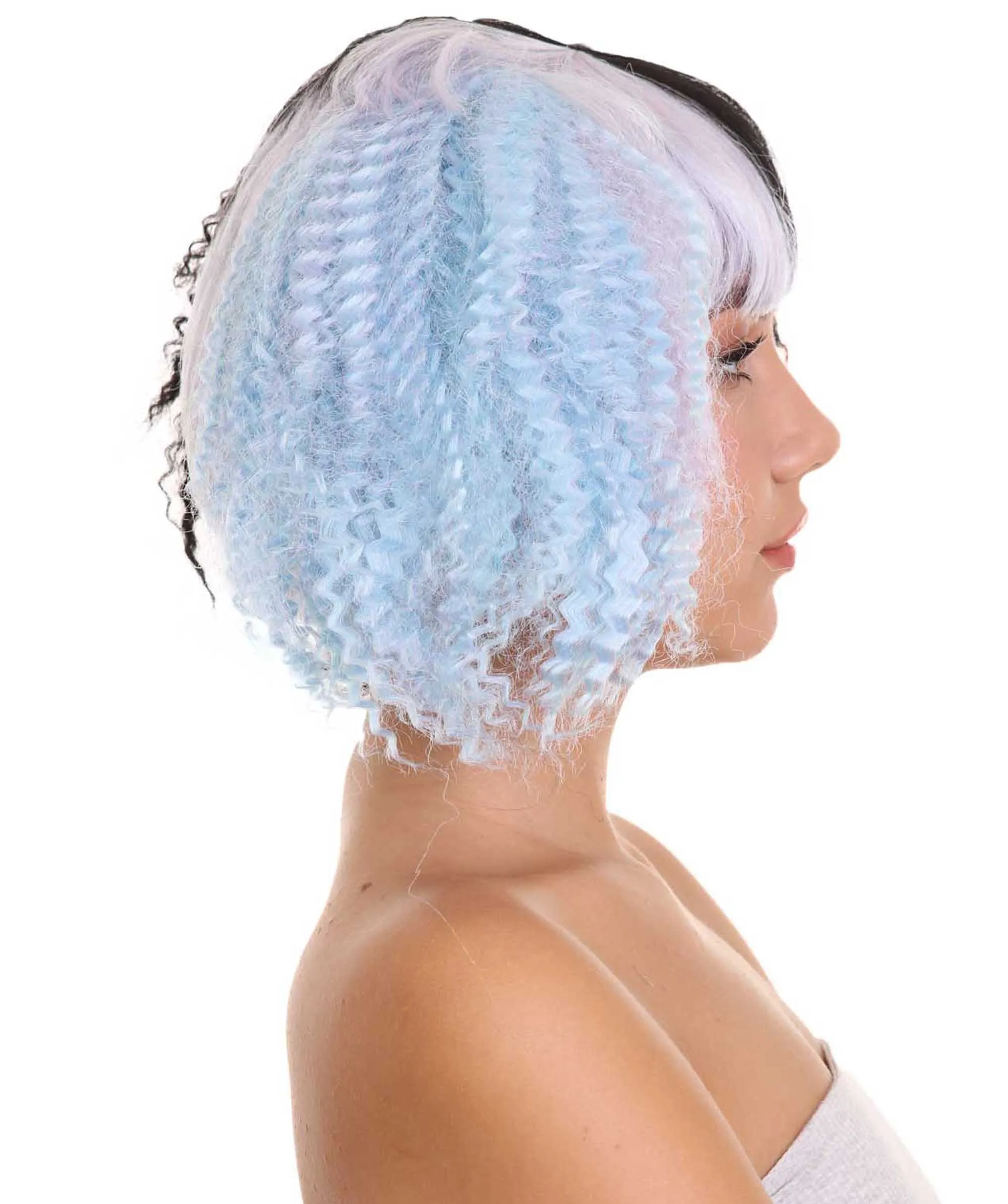 Adult Womens Crimped Ponytail Wig | Light Blue & Black Celebrity Wig | Premium Breathable Capless Cap
