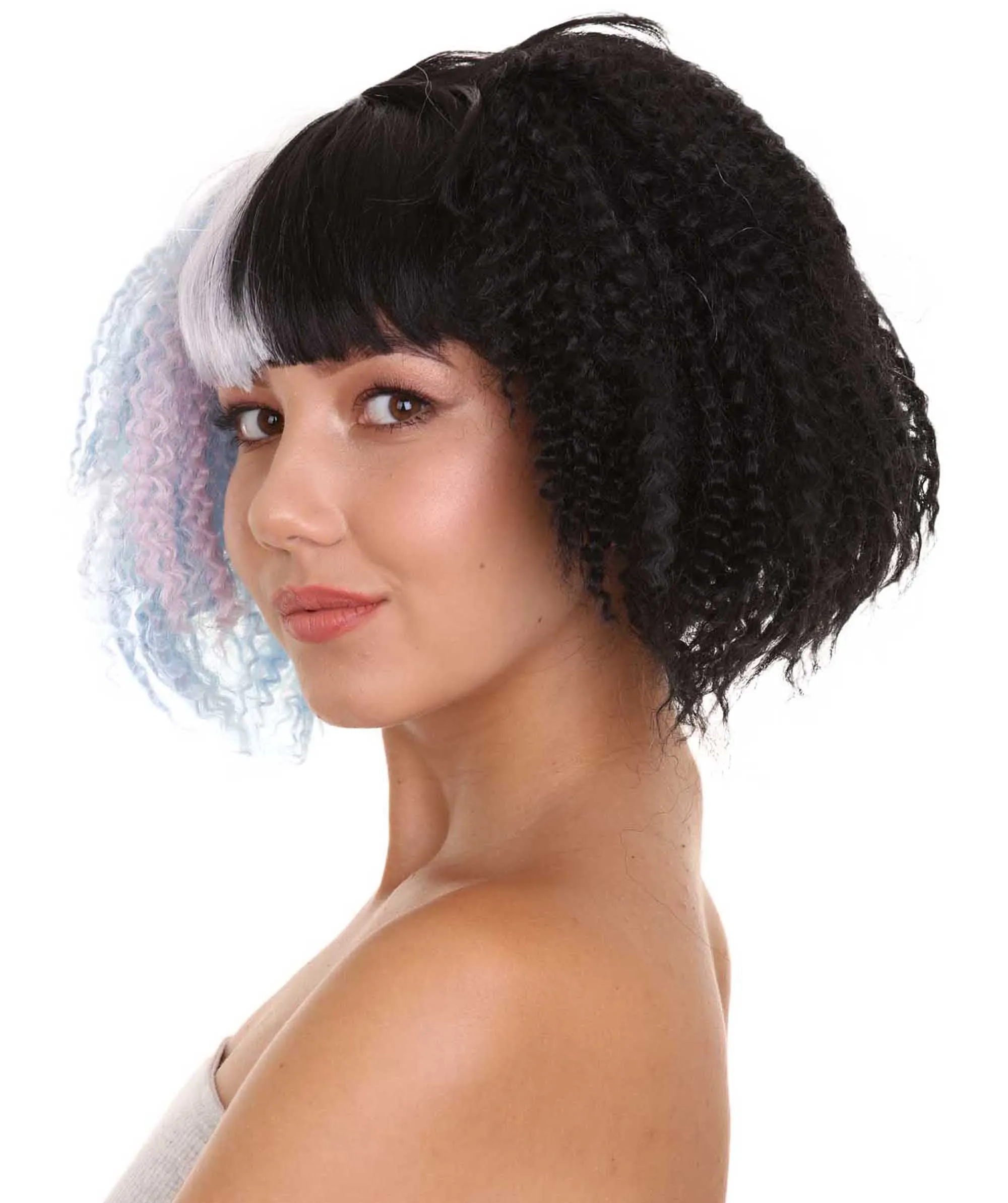 Adult Womens Crimped Ponytail Wig | Light Blue & Black Celebrity Wig | Premium Breathable Capless Cap