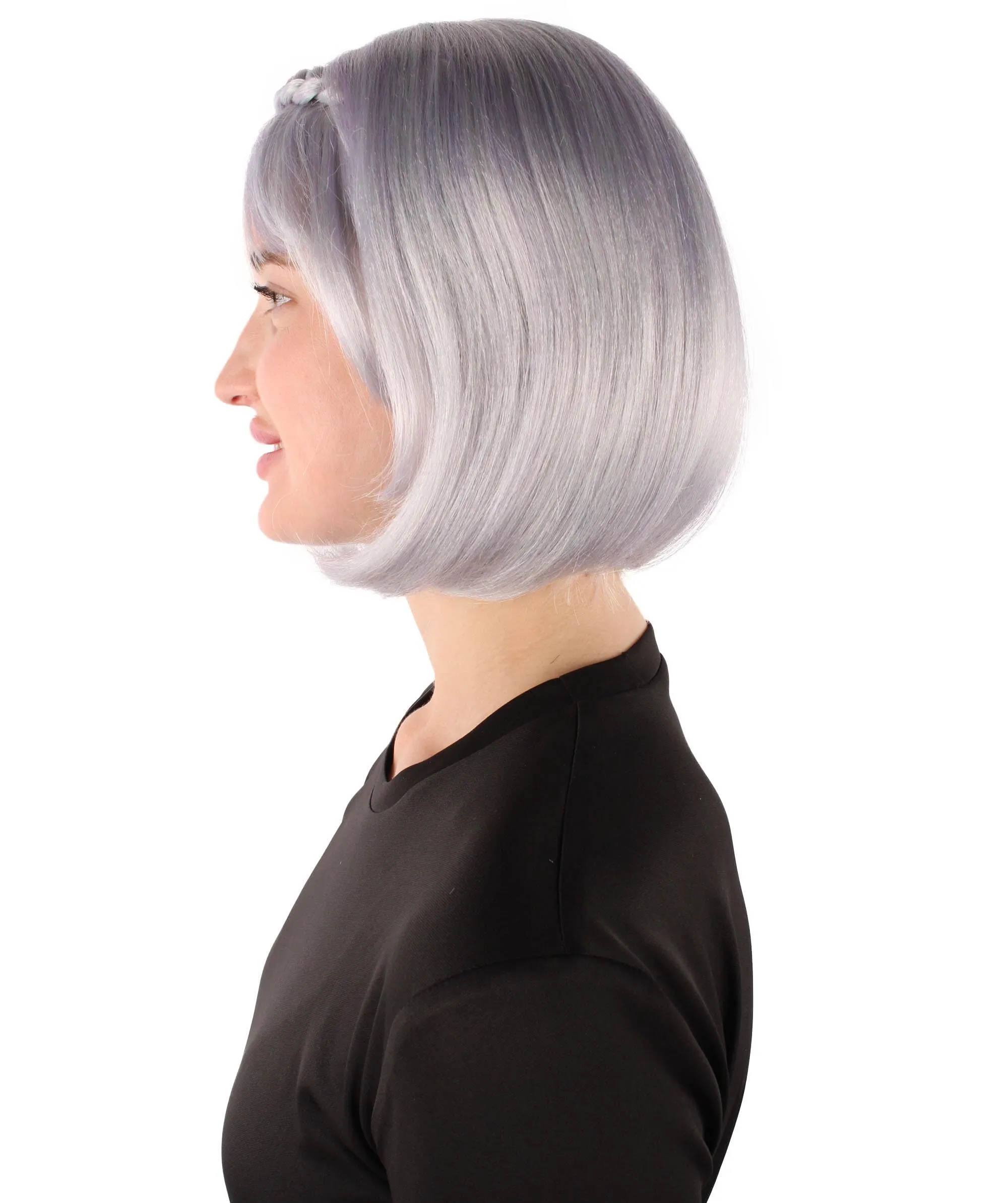 Adult Women's Light Purple Bob-style Anime Wig with Bangs and Braids, Best for Halloween, Flame-retardant Synthetic Fiber