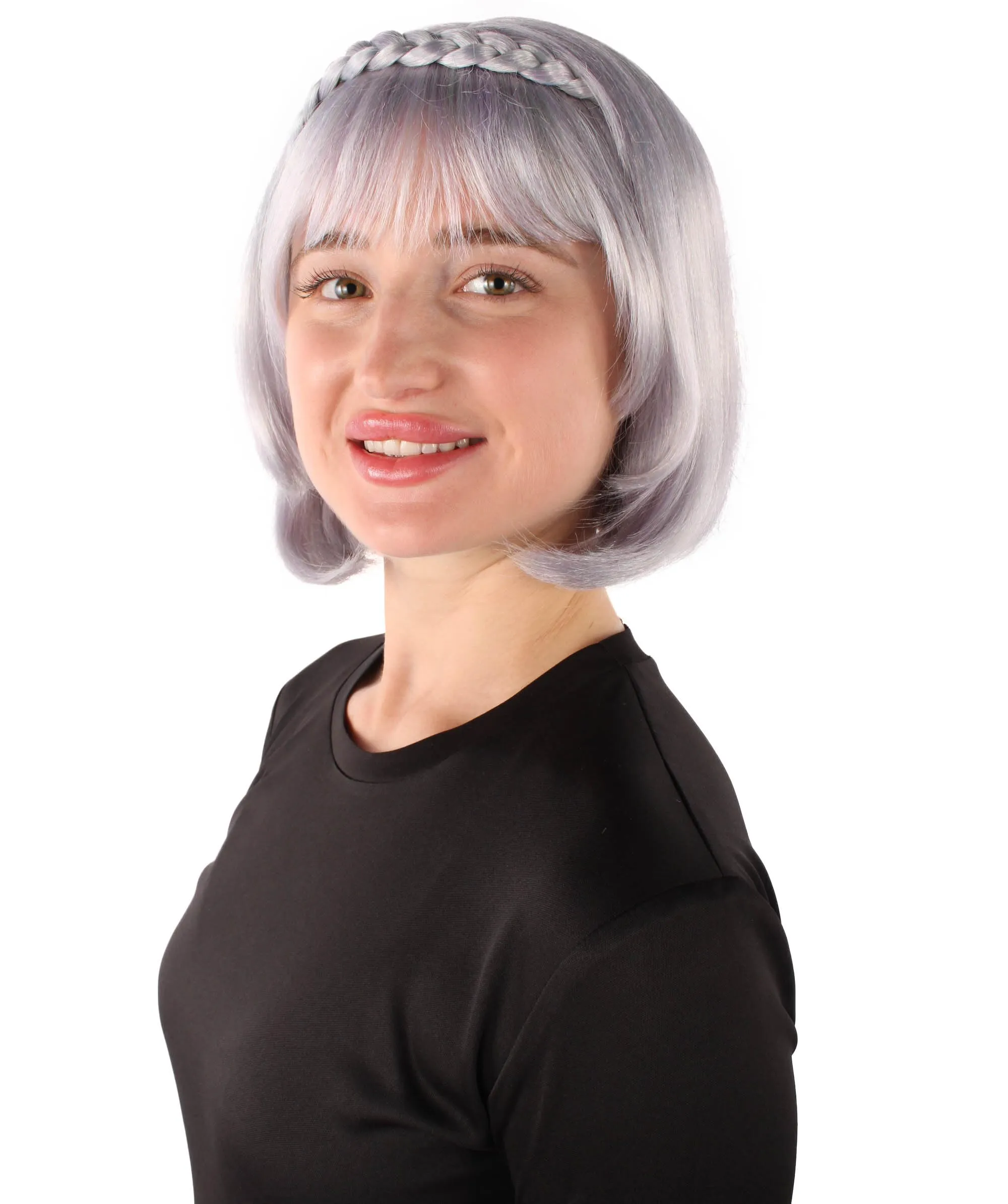 Adult Women's Light Purple Bob-style Anime Wig with Bangs and Braids, Best for Halloween, Flame-retardant Synthetic Fiber
