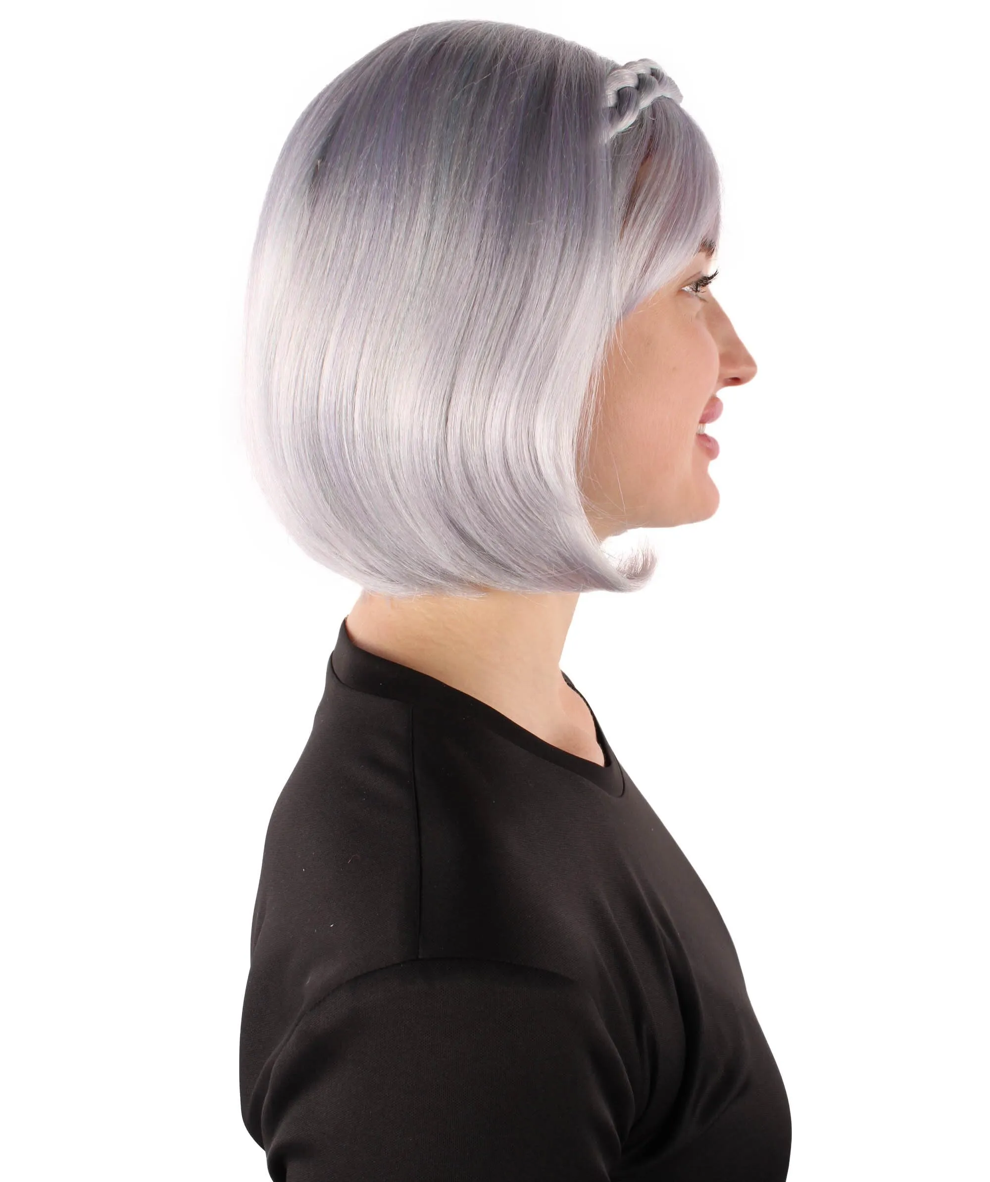 Adult Women's Light Purple Bob-style Anime Wig with Bangs and Braids, Best for Halloween, Flame-retardant Synthetic Fiber