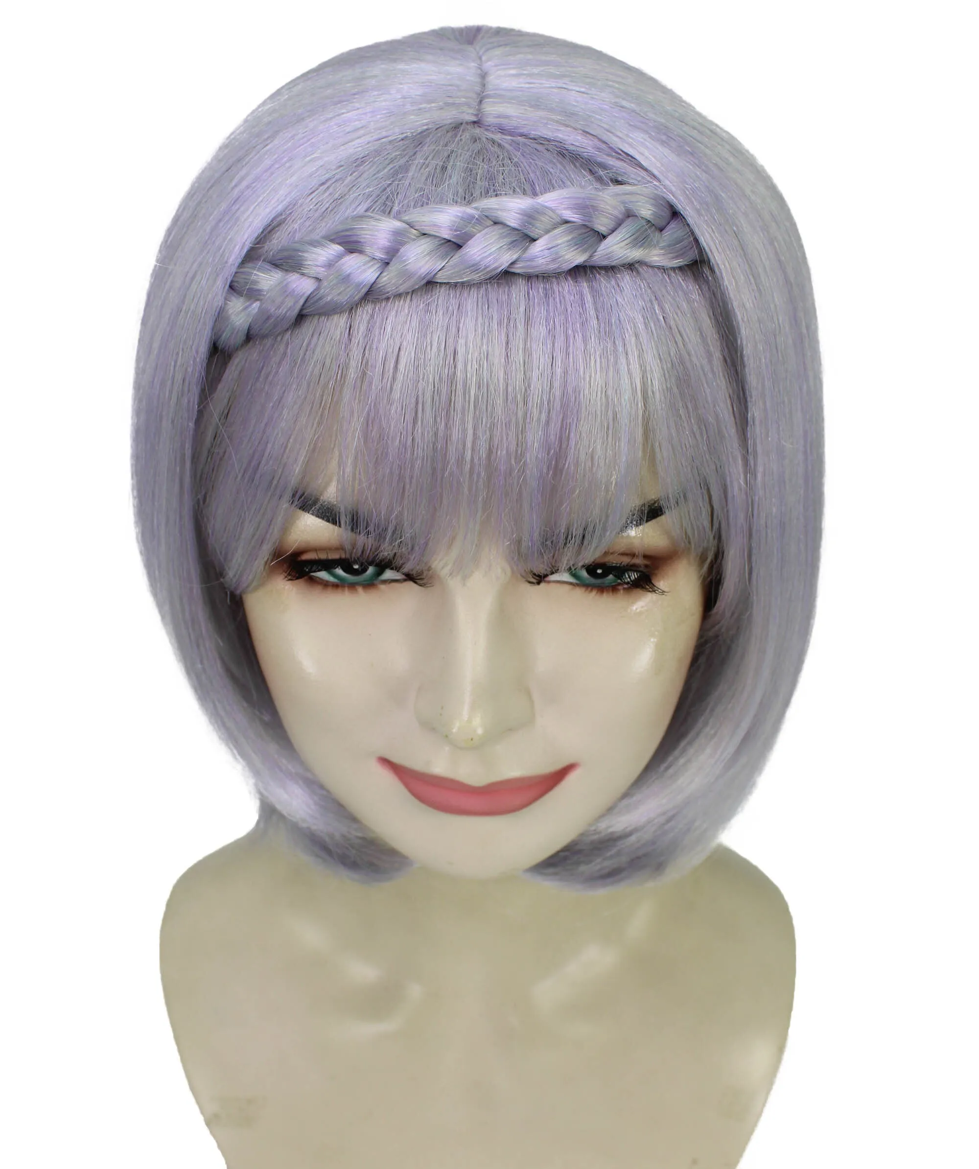 Adult Women's Light Purple Bob-style Anime Wig with Bangs and Braids, Best for Halloween, Flame-retardant Synthetic Fiber