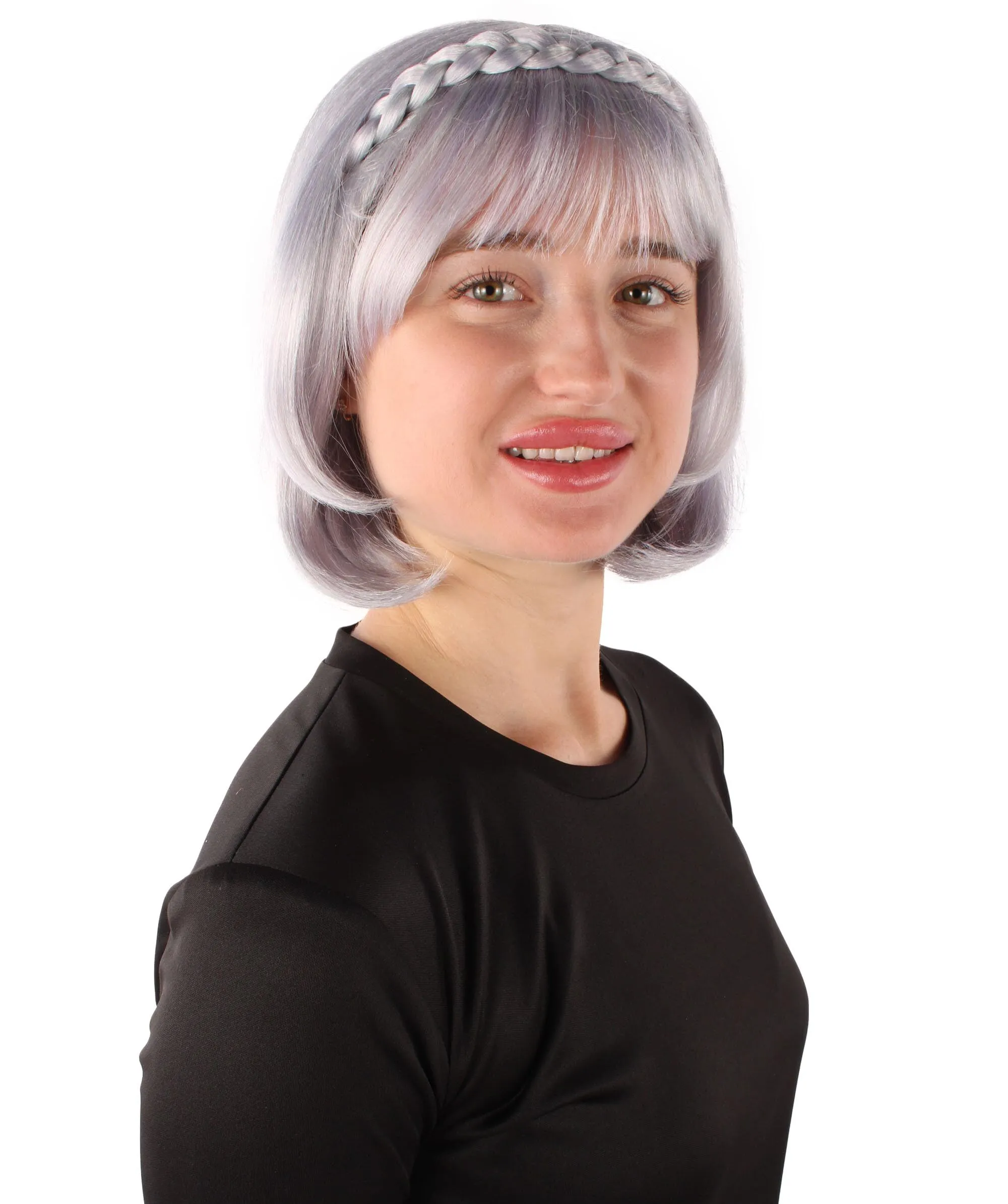 Adult Women's Light Purple Bob-style Anime Wig with Bangs and Braids, Best for Halloween, Flame-retardant Synthetic Fiber