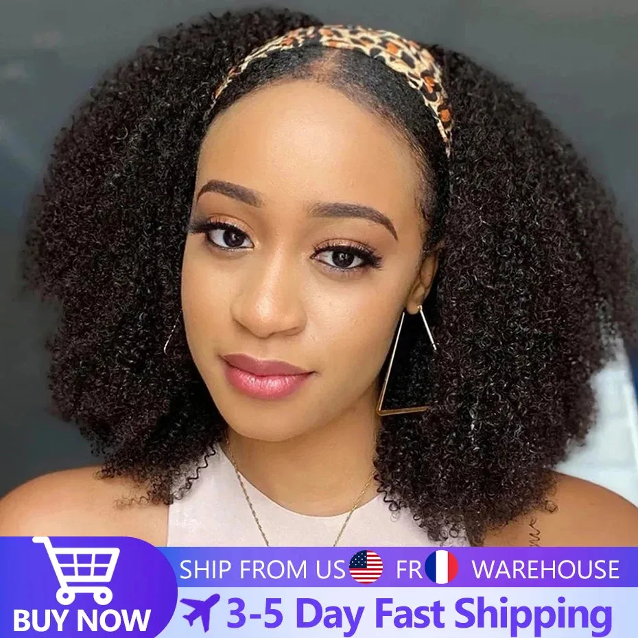 Afro Kinky Curly Headband Wigs 180% Density Human Hair Wig Glueless Headband Kinky Curly Wig For Black Women