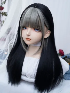 Black 65CM Under Bust Length Straight Wig With Silver Full Bangs