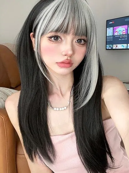 Black 65CM Under Bust Length Straight Wig With Silver Full Bangs