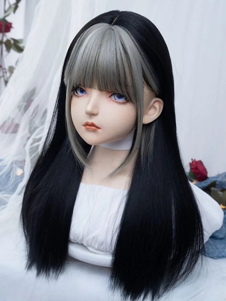 Black 65CM Under Bust Length Straight Wig With Silver Full Bangs