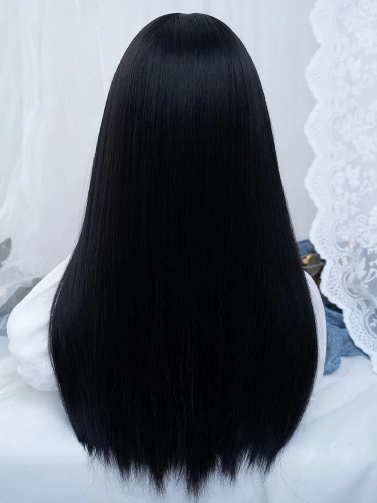 Black 65CM Under Bust Length Straight Wig With Silver Full Bangs