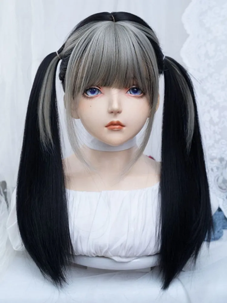 Black 65CM Under Bust Length Straight Wig With Silver Full Bangs