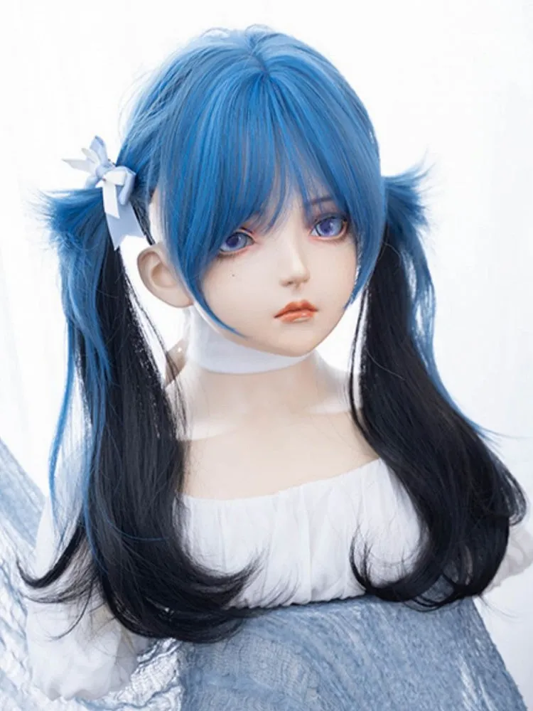 Black 65CM Waist Length Wavy Wig With Blue Air Bangs