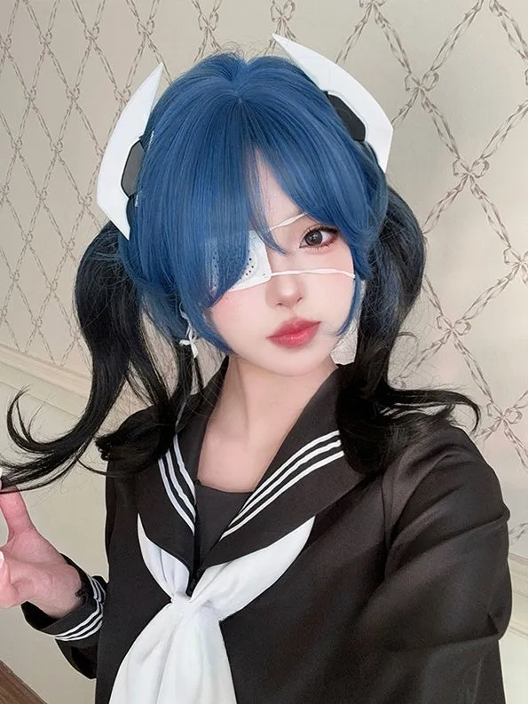 Black 65CM Waist Length Wavy Wig With Blue Air Bangs