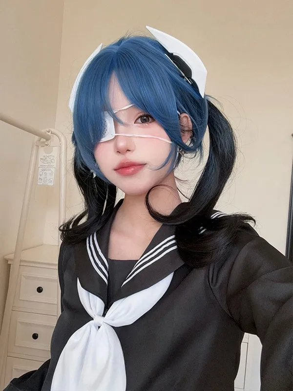 Black 65CM Waist Length Wavy Wig With Blue Air Bangs