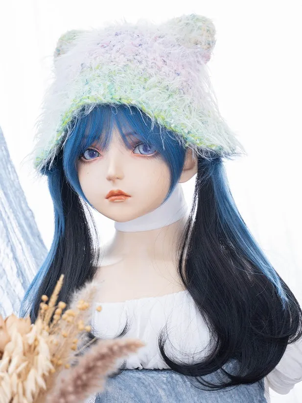 Black 65CM Waist Length Wavy Wig With Blue Air Bangs