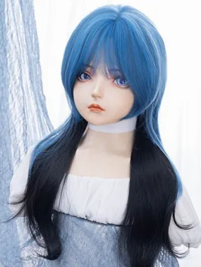 Black 65CM Waist Length Wavy Wig With Blue Air Bangs