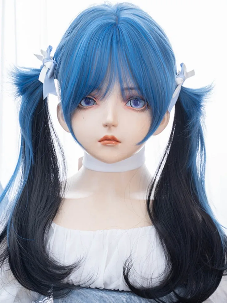 Black 65CM Waist Length Wavy Wig With Blue Air Bangs