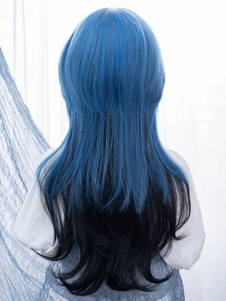 Black 65CM Waist Length Wavy Wig With Blue Air Bangs