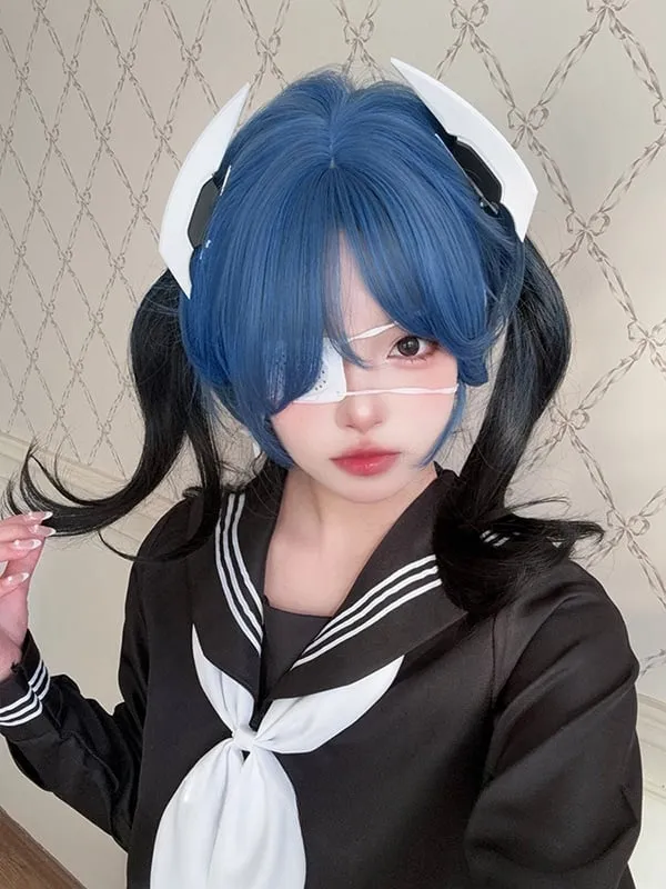 Black 65CM Waist Length Wavy Wig With Blue Air Bangs