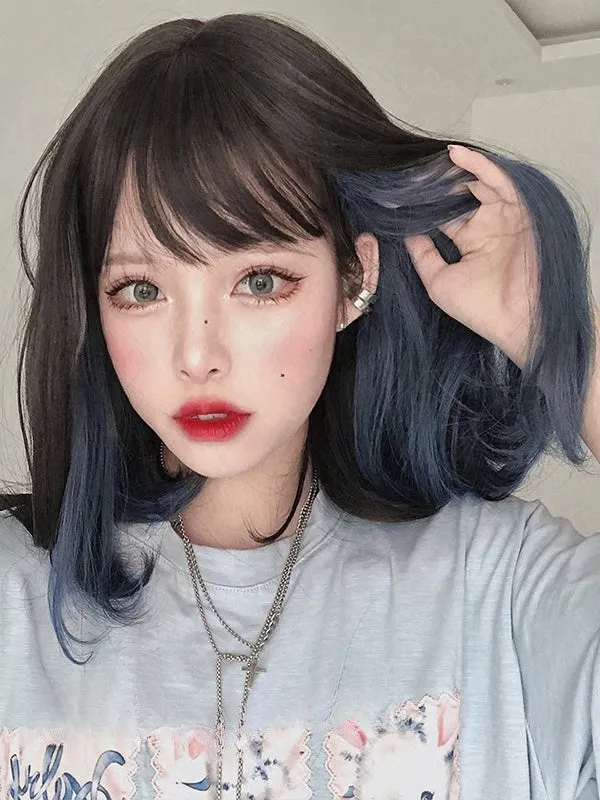 Black And Blue Highlights 40CM Shoulder Length Wig With Air Bangs