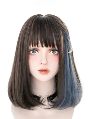 Black And Blue Highlights 40CM Shoulder Length Wig With Air Bangs