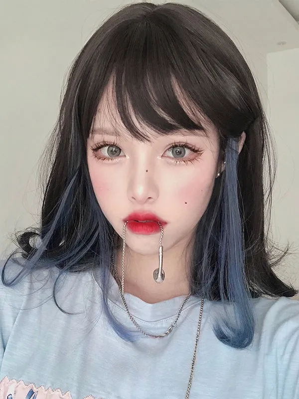 Black And Blue Highlights 40CM Shoulder Length Wig With Air Bangs